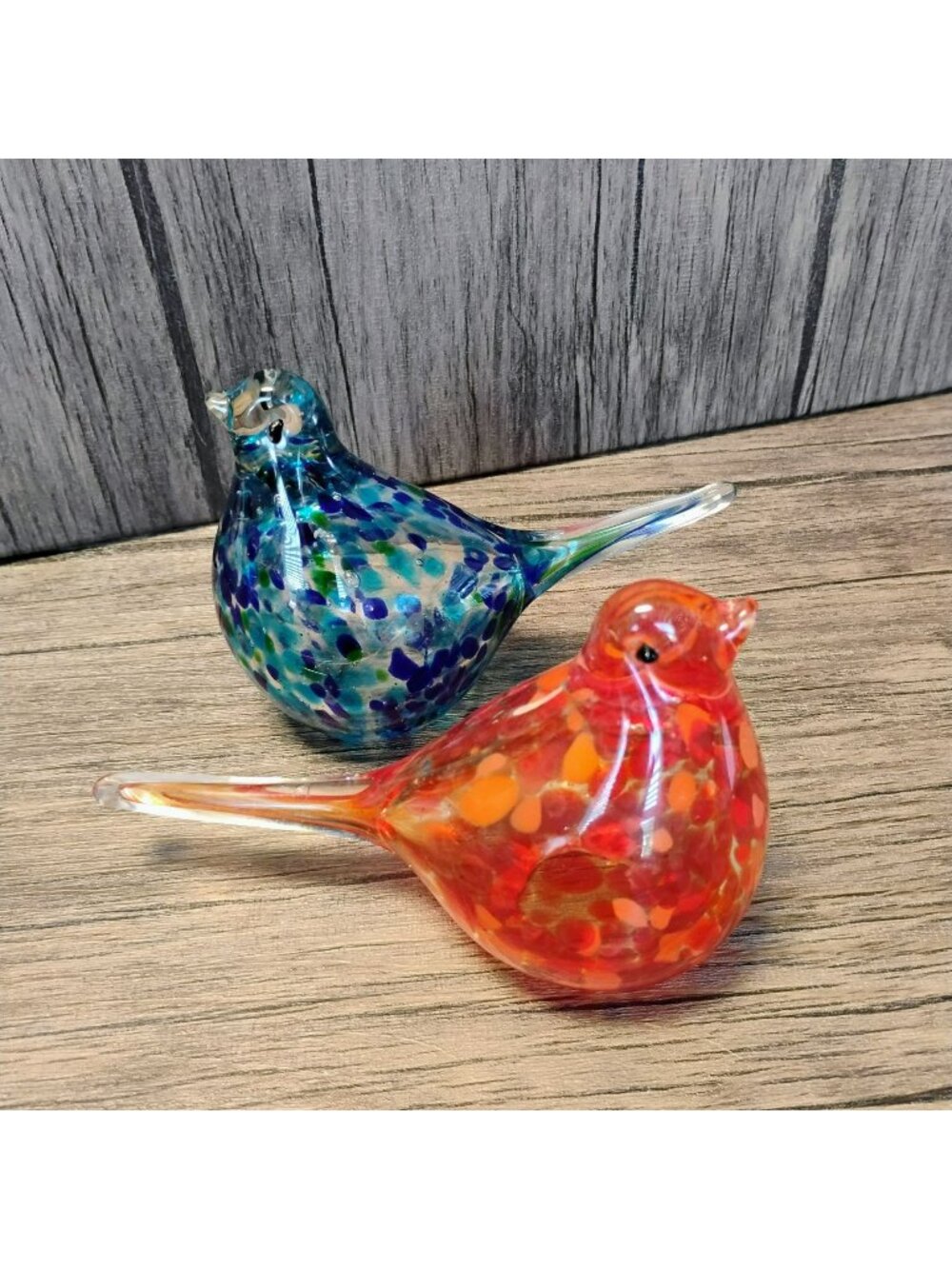 Handblown Glass Bird Figurines, Set of 2, Blue & Orange Speckled Art Glass Decor